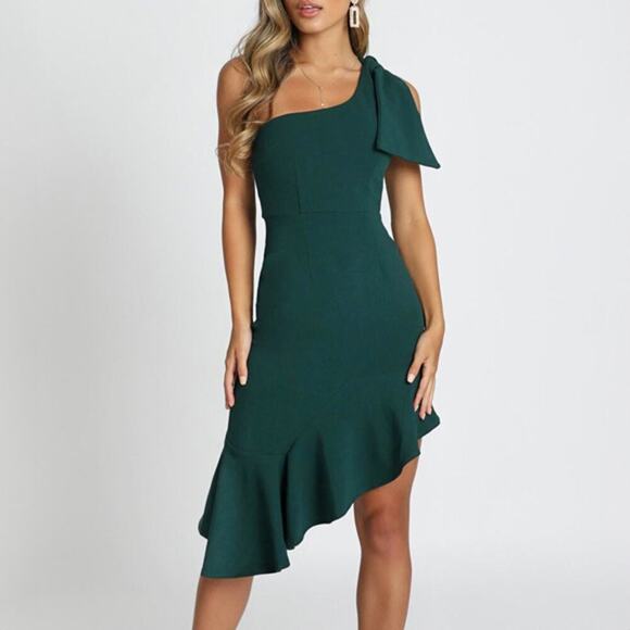 Saints + Secrets Emerald Green Asymmetrical One Shoulder Bow Dress Size M - Picture 1 of 5